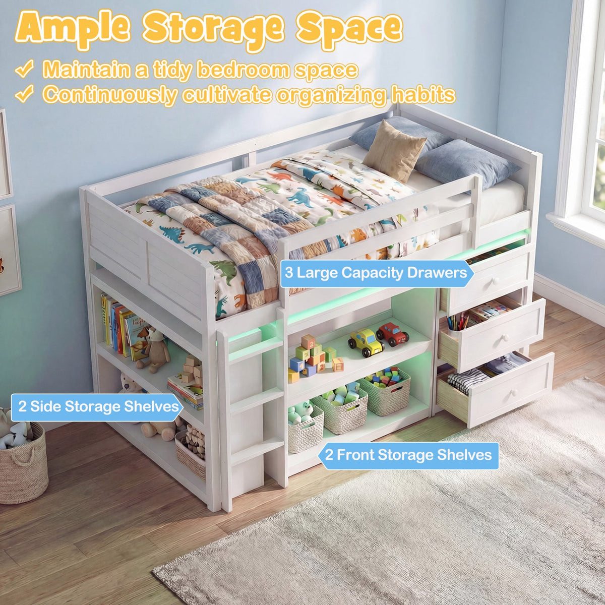 Twin Size Loft Bed with LED Lights and Underbed Space for Kids-Bunk Bed Frame-DECOROLALA