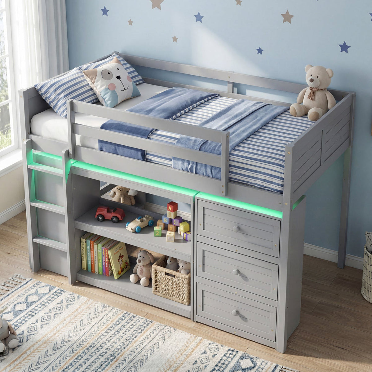 Twin Size Loft Bed with LED Lights and Underbed Space for Kids-Bunk Bed Frame-DECOROLALA