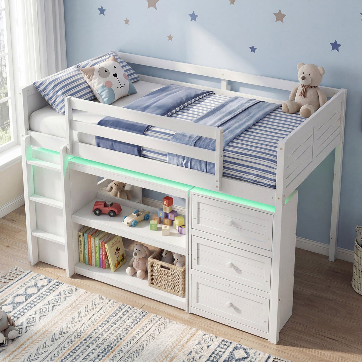 Twin Size Loft Bed with LED Lights and Underbed Space for Kids-Bunk Bed Frame-DECOROLALA