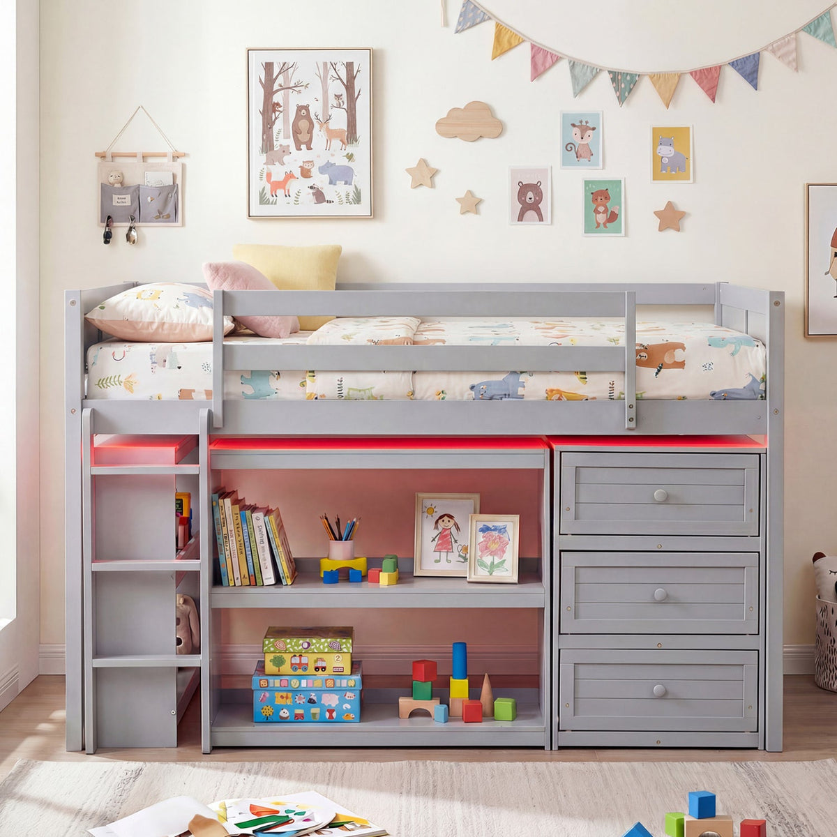 Twin Size Loft Bed with LED Lights and Underbed Space for Kids-Bunk Bed Frame-DECOROLALA