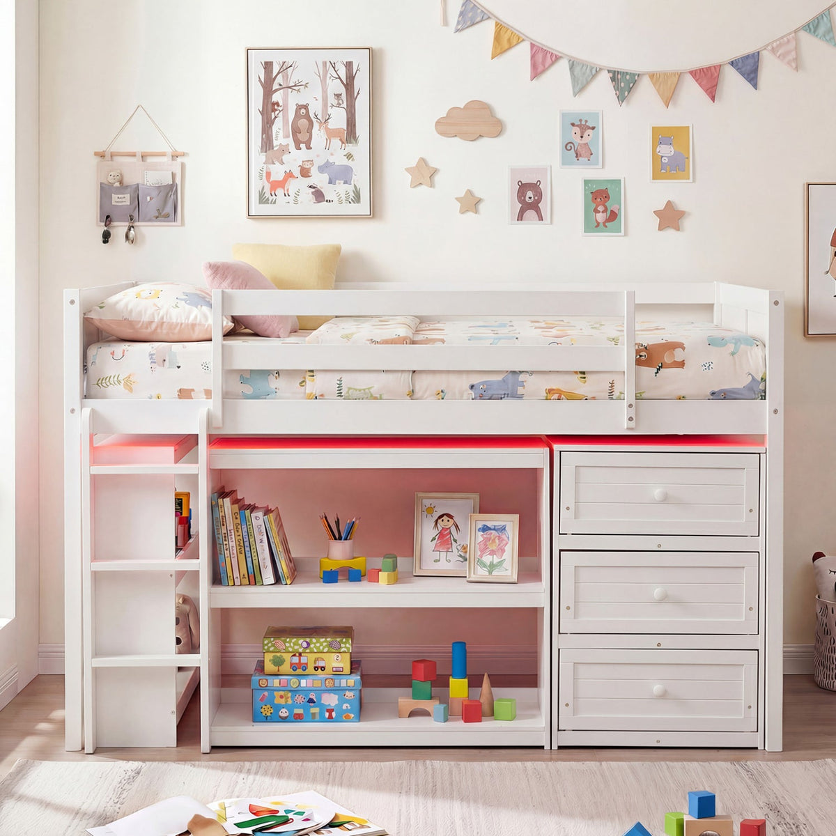 Twin Size Loft Bed with LED Lights and Underbed Space for Kids-Bunk Bed Frame-DECOROLALA
