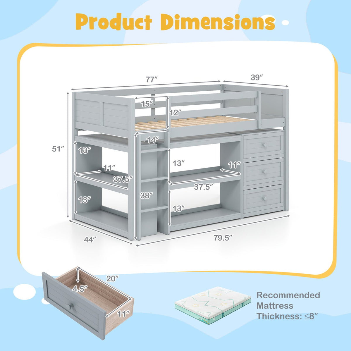 Twin Size Loft Bed with LED Lights and Underbed Space for Kids-Bunk Bed Frame-DECOROLALA