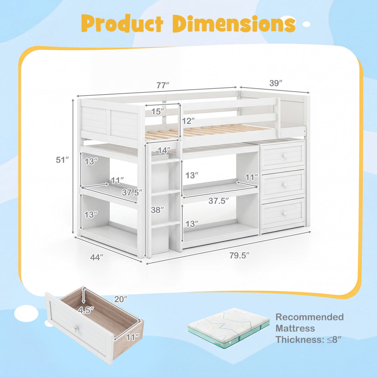 Twin Size Loft Bed with LED Lights and Underbed Space for Kids-Bunk Bed Frame-DECOROLALA