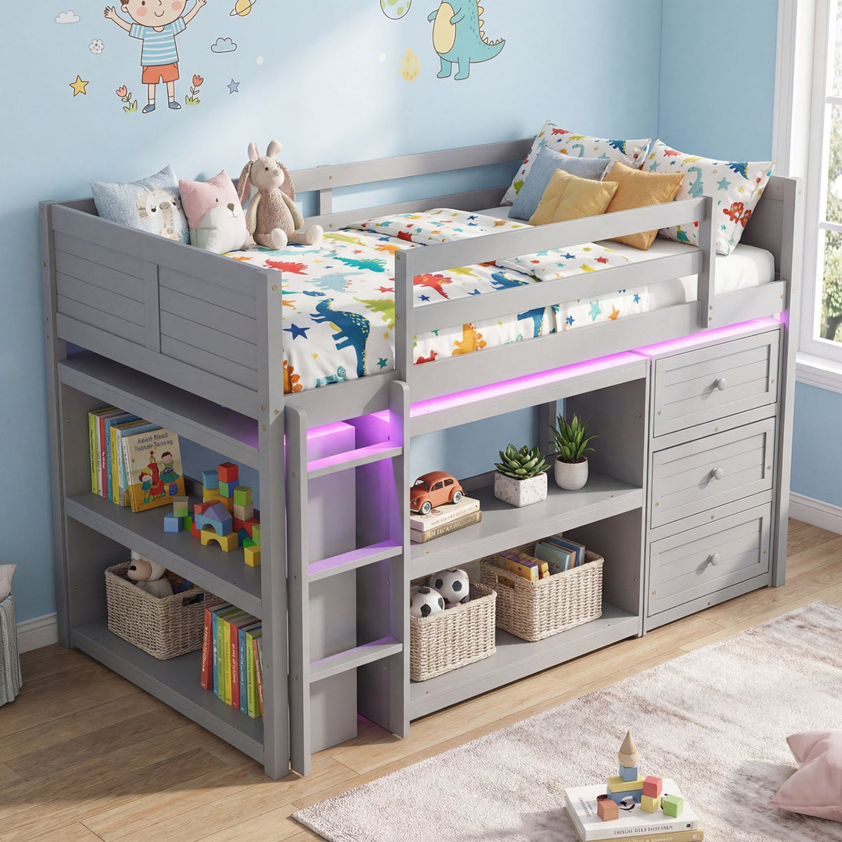 Twin Size Loft Bed with LED Lights and Underbed Space for Kids-Bunk Bed Frame-DECOROLALA