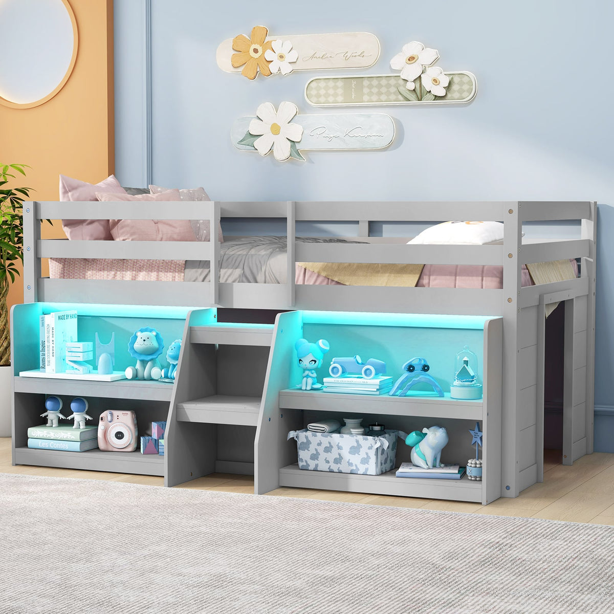 Twin Size Loft Bed with LED Lights with Staircase and Safety Guardrail-Grey-Toddler Beds-DECOROLALA