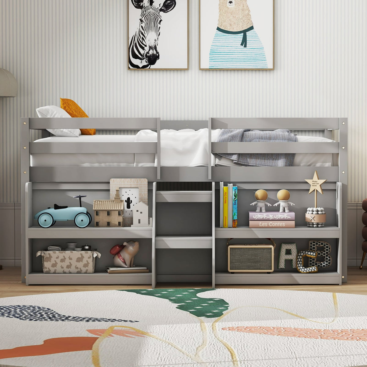 Twin Size Loft Bed with LED Lights with Staircase and Safety Guardrail-Grey-Toddler Beds-DECOROLALA