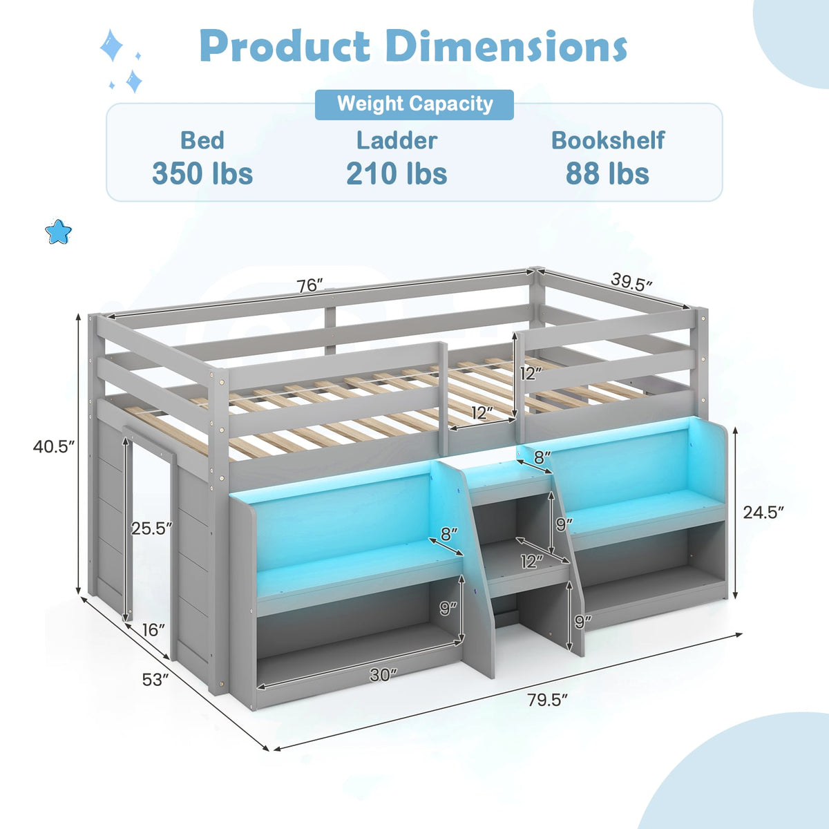 Twin Size Loft Bed with LED Lights with Staircase and Safety Guardrail-Grey-Toddler Beds-DECOROLALA
