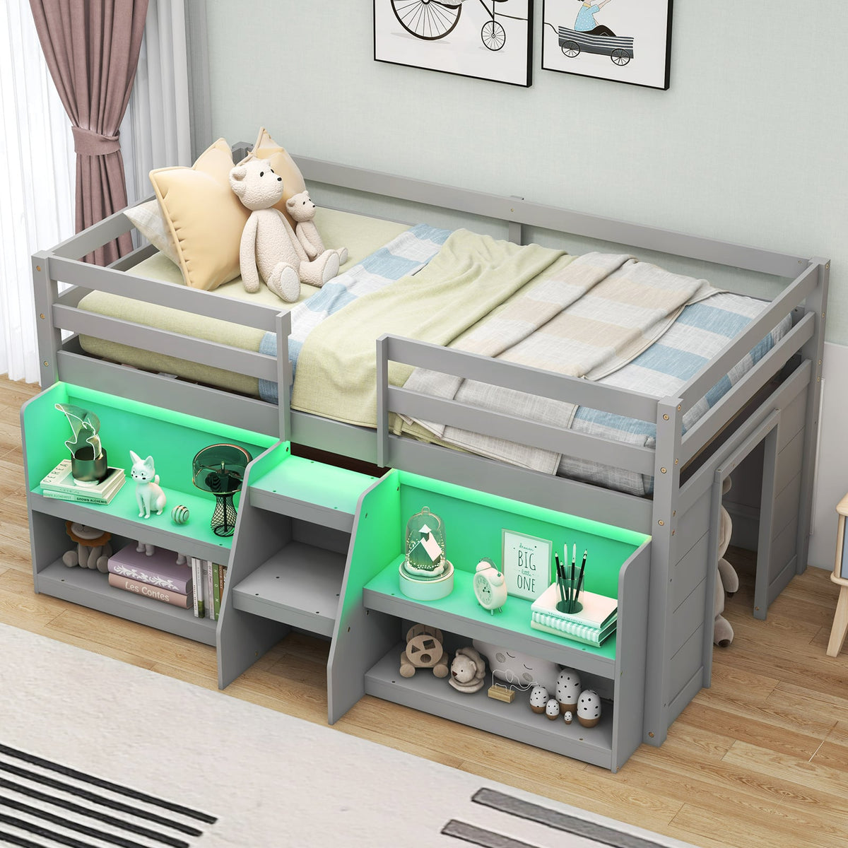 Twin Size Loft Bed with LED Lights with Staircase and Safety Guardrail-Grey-Toddler Beds-DECOROLALA