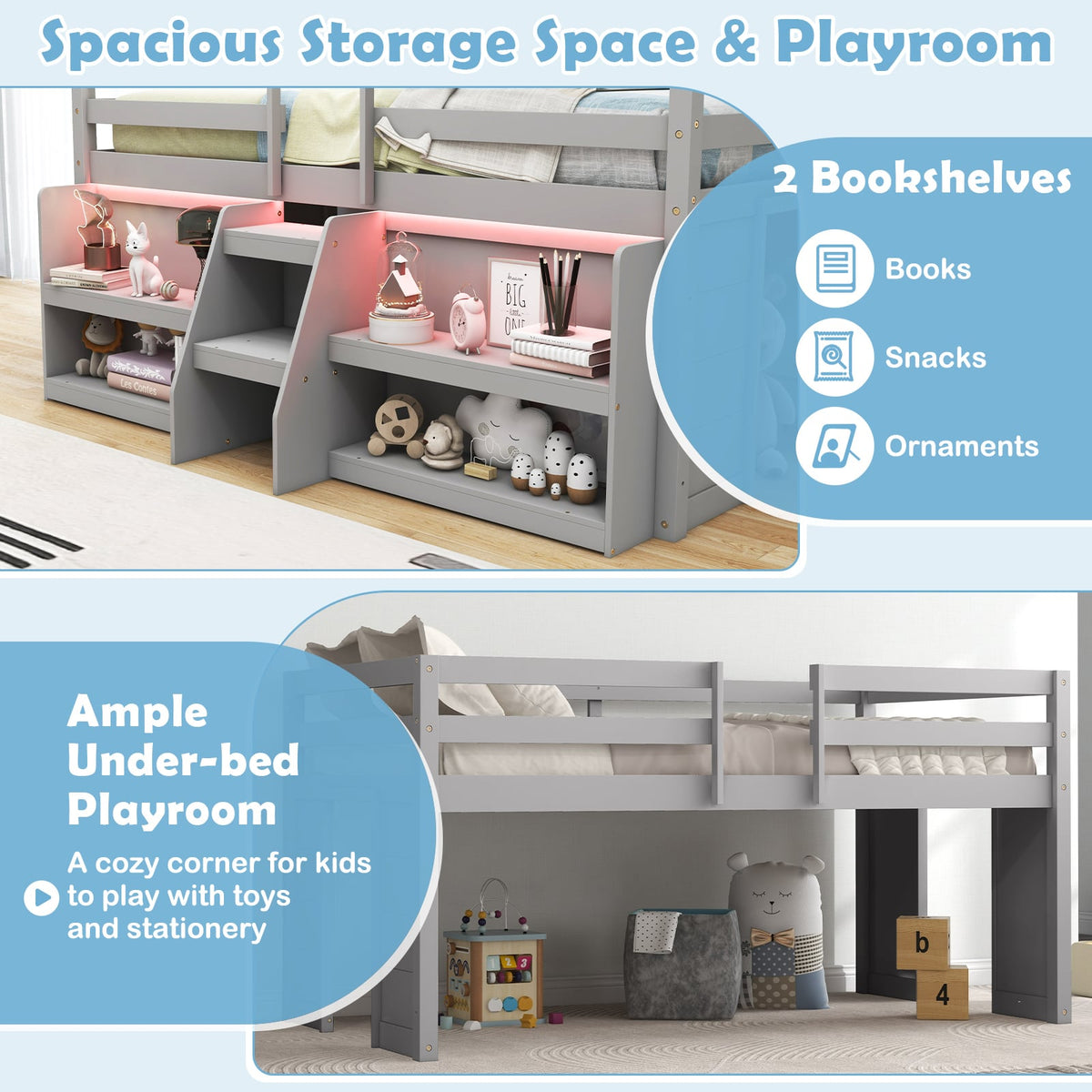 Twin Size Loft Bed with LED Lights with Staircase and Safety Guardrail-Grey-Toddler Beds-DECOROLALA