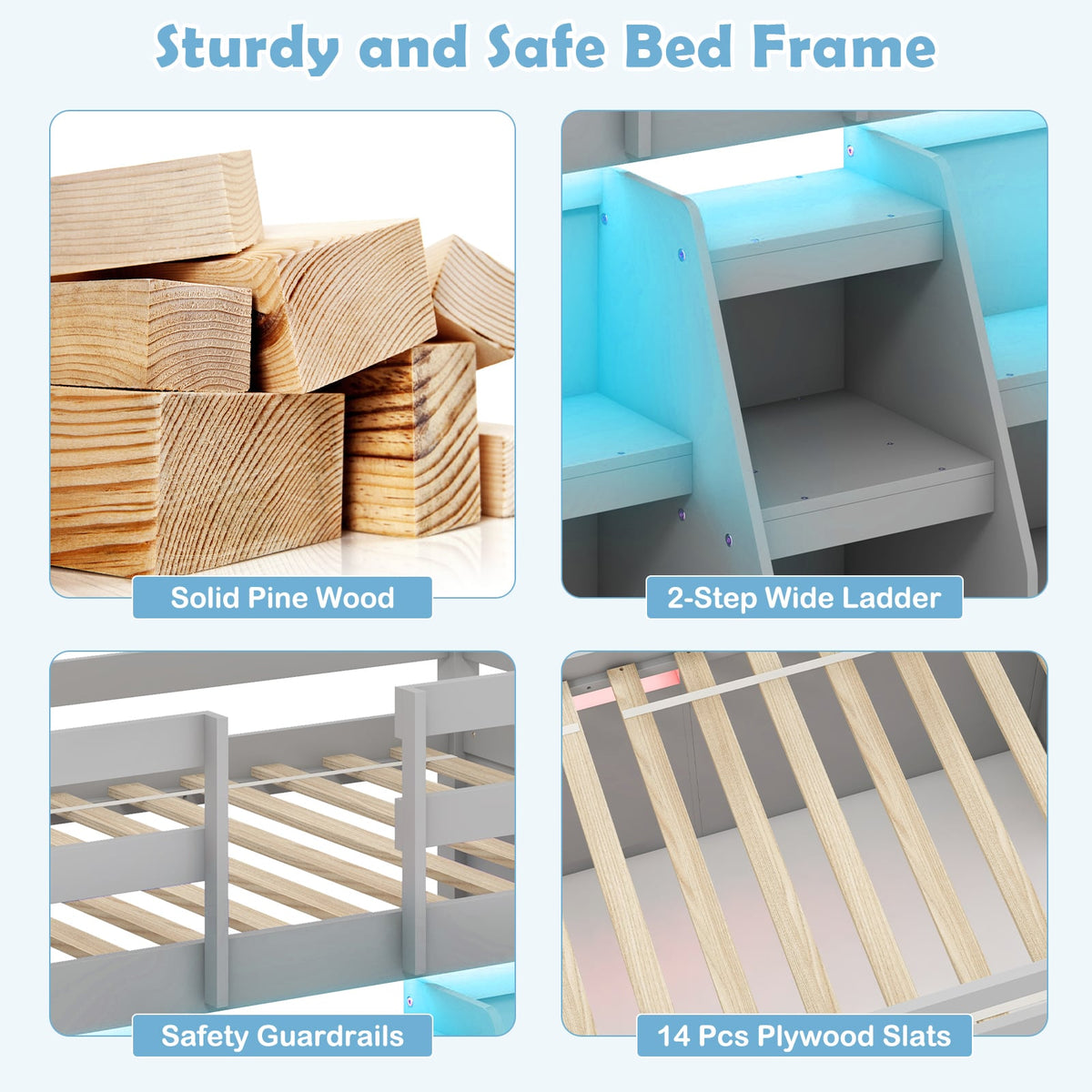 Twin Size Loft Bed with LED Lights with Staircase and Safety Guardrail-Grey-Toddler Beds-DECOROLALA