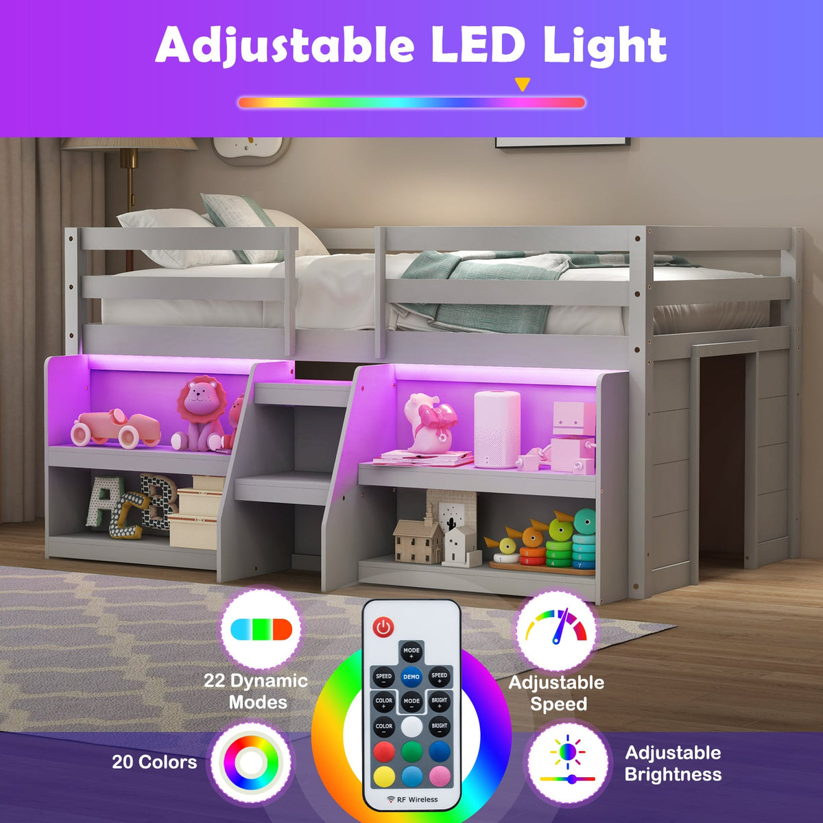 Twin Size Loft Bed with LED Lights with Staircase and Safety Guardrail-Grey-Toddler Beds-DECOROLALA