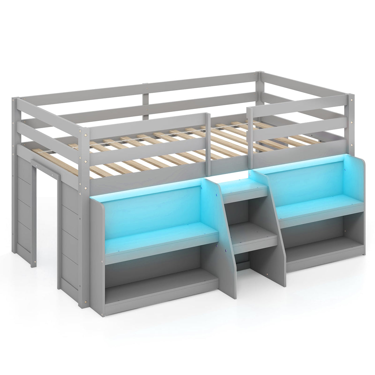 Twin Size Loft Bed with LED Lights with Staircase and Safety Guardrail-Grey-Toddler Beds-DECOROLALA