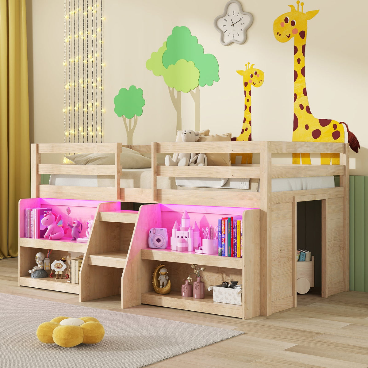 Twin Size Loft Bed with LED Lights with Staircase and Safety Guardrail-Natural-Toddler Beds-DECOROLALA