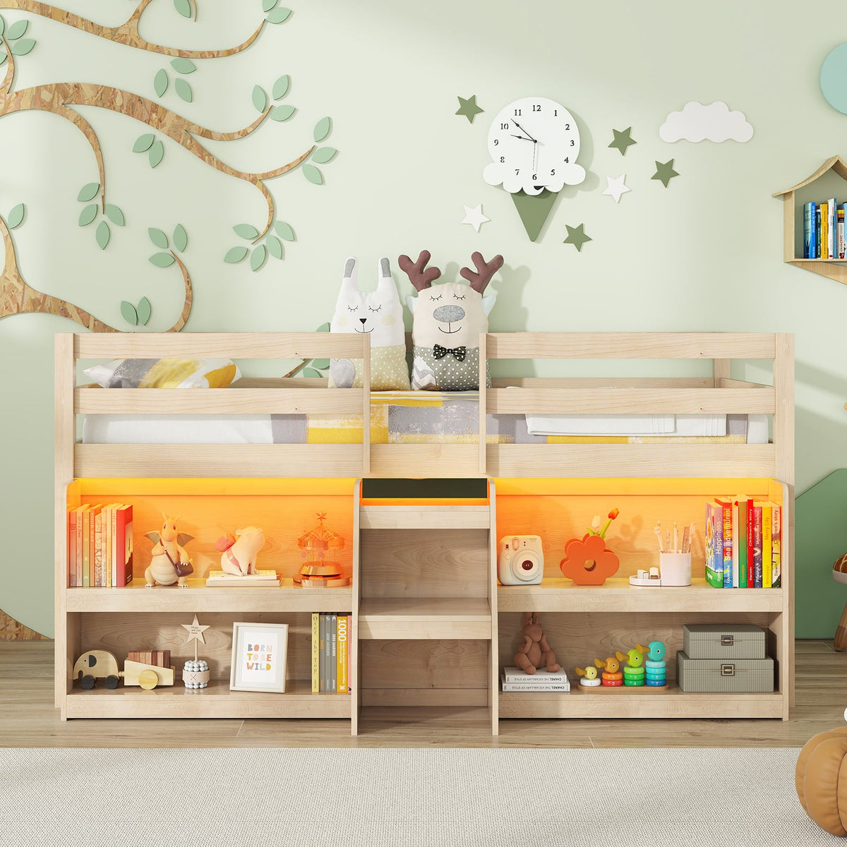 Twin Size Loft Bed with LED Lights with Staircase and Safety Guardrail-Natural-Toddler Beds-DECOROLALA