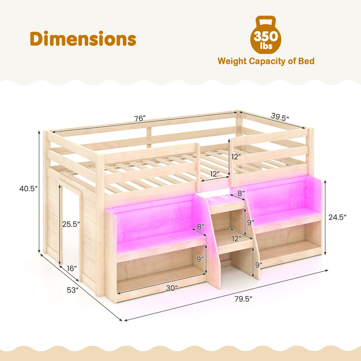 Twin Size Loft Bed with LED Lights with Staircase and Safety Guardrail-Natural-Toddler Beds-DECOROLALA