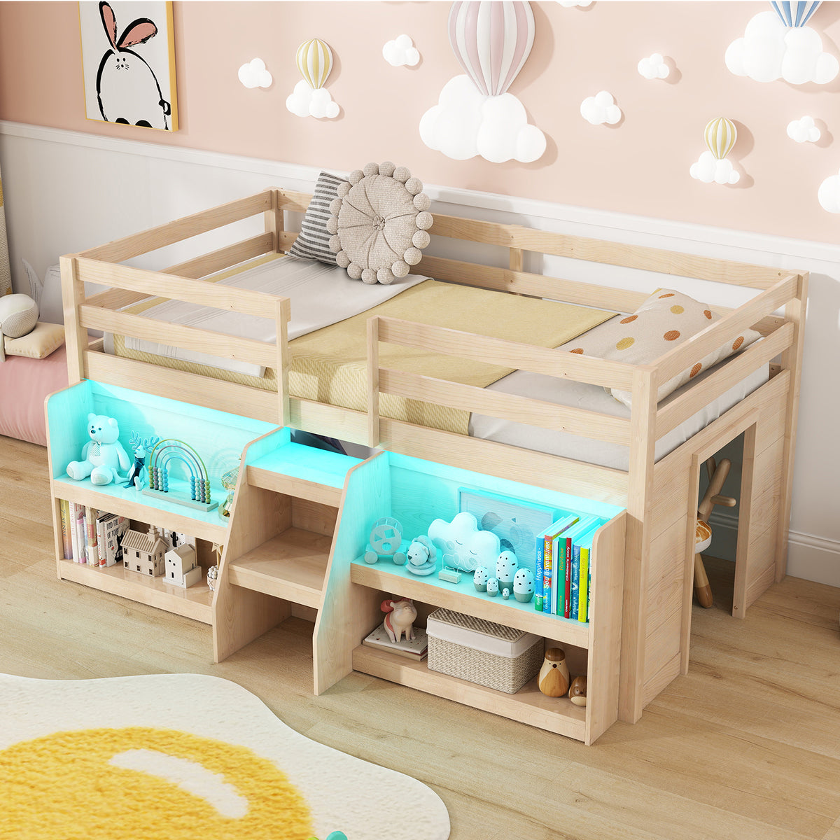 Twin Size Loft Bed with LED Lights with Staircase and Safety Guardrail-Natural-Toddler Beds-DECOROLALA