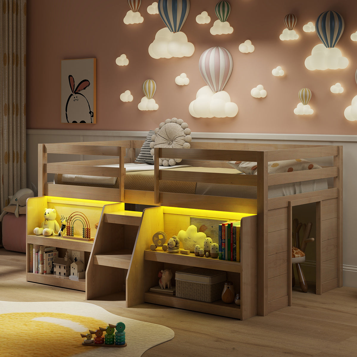 Twin Size Loft Bed with LED Lights with Staircase and Safety Guardrail-Natural-Toddler Beds-DECOROLALA