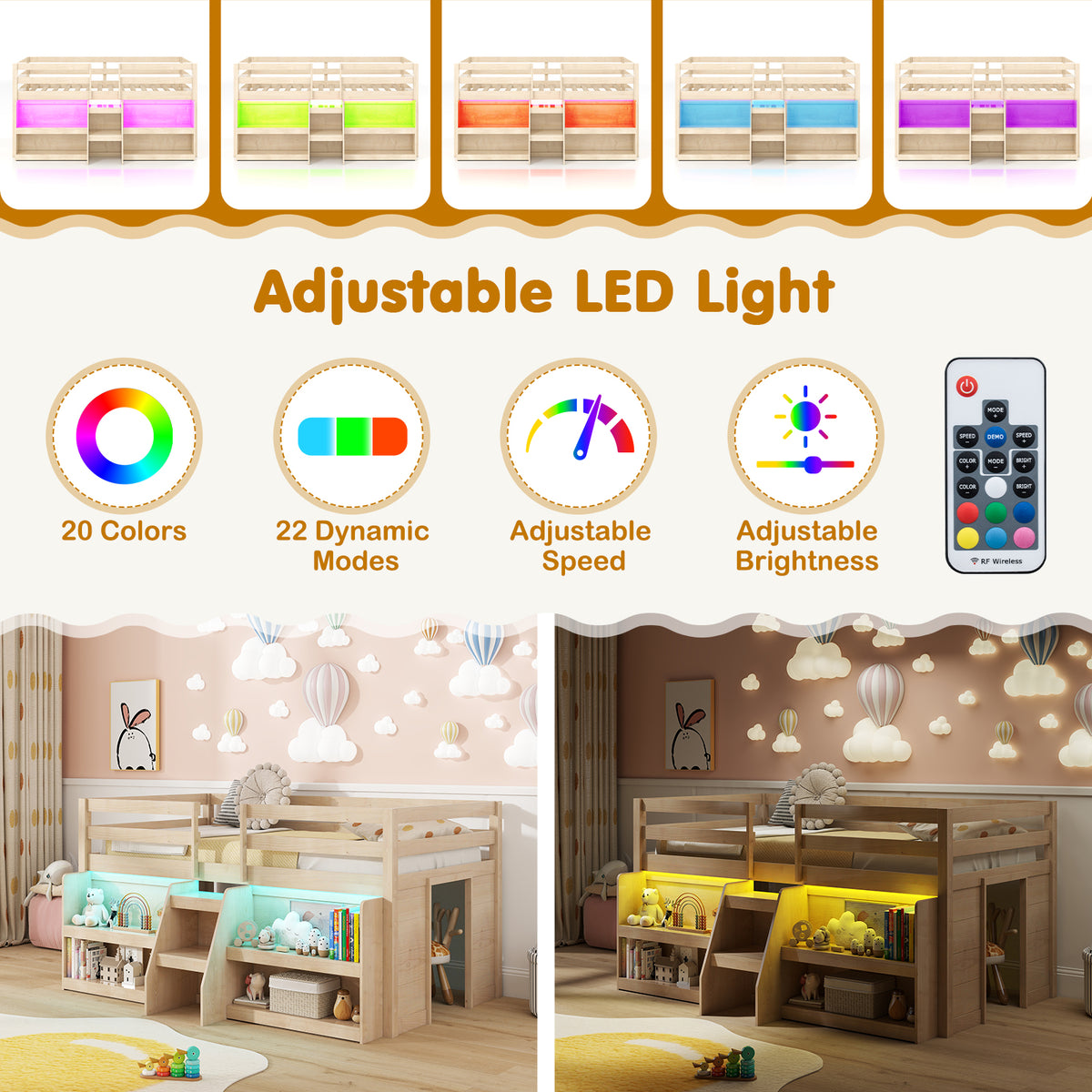 Twin Size Loft Bed with LED Lights with Staircase and Safety Guardrail-Natural-Toddler Beds-DECOROLALA