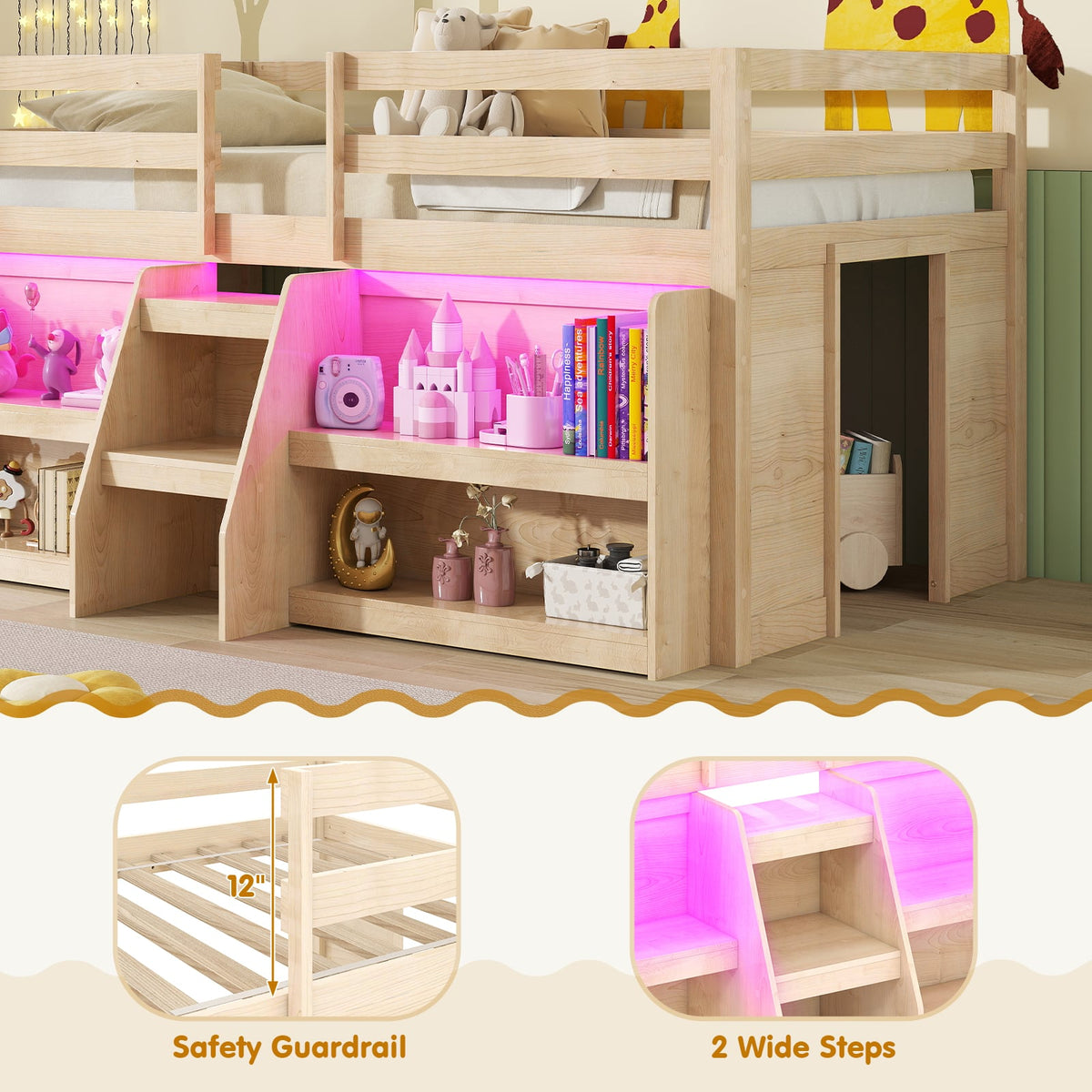 Twin Size Loft Bed with LED Lights with Staircase and Safety Guardrail-Natural-Toddler Beds-DECOROLALA