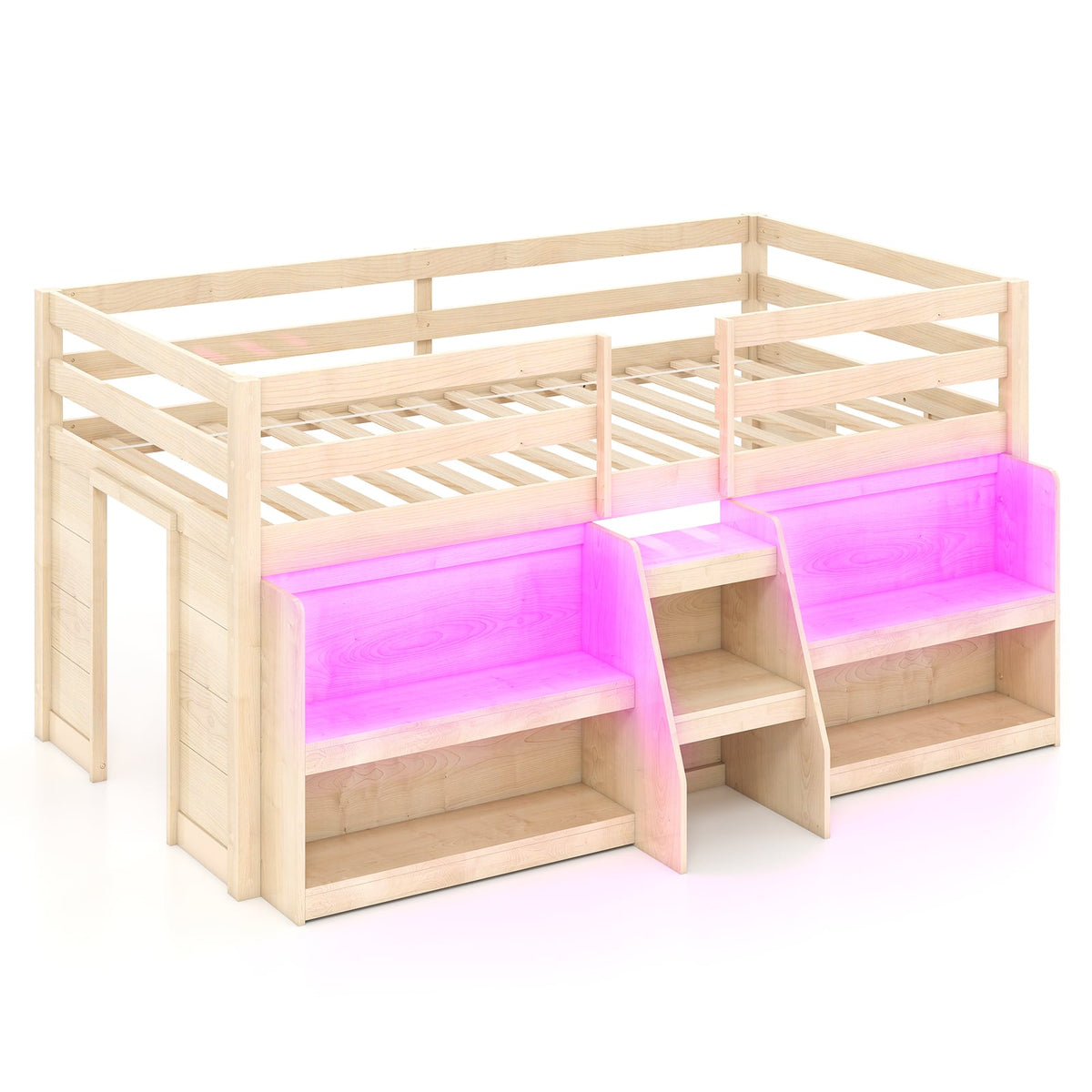Twin Size Loft Bed with LED Lights with Staircase and Safety Guardrail-Natural-Toddler Beds-DECOROLALA