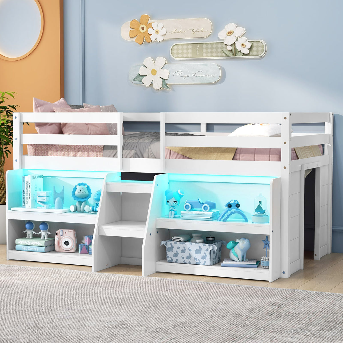 Twin Size Loft Bed with LED Lights with Staircase and Safety Guardrail-White-Toddler Beds-DECOROLALA