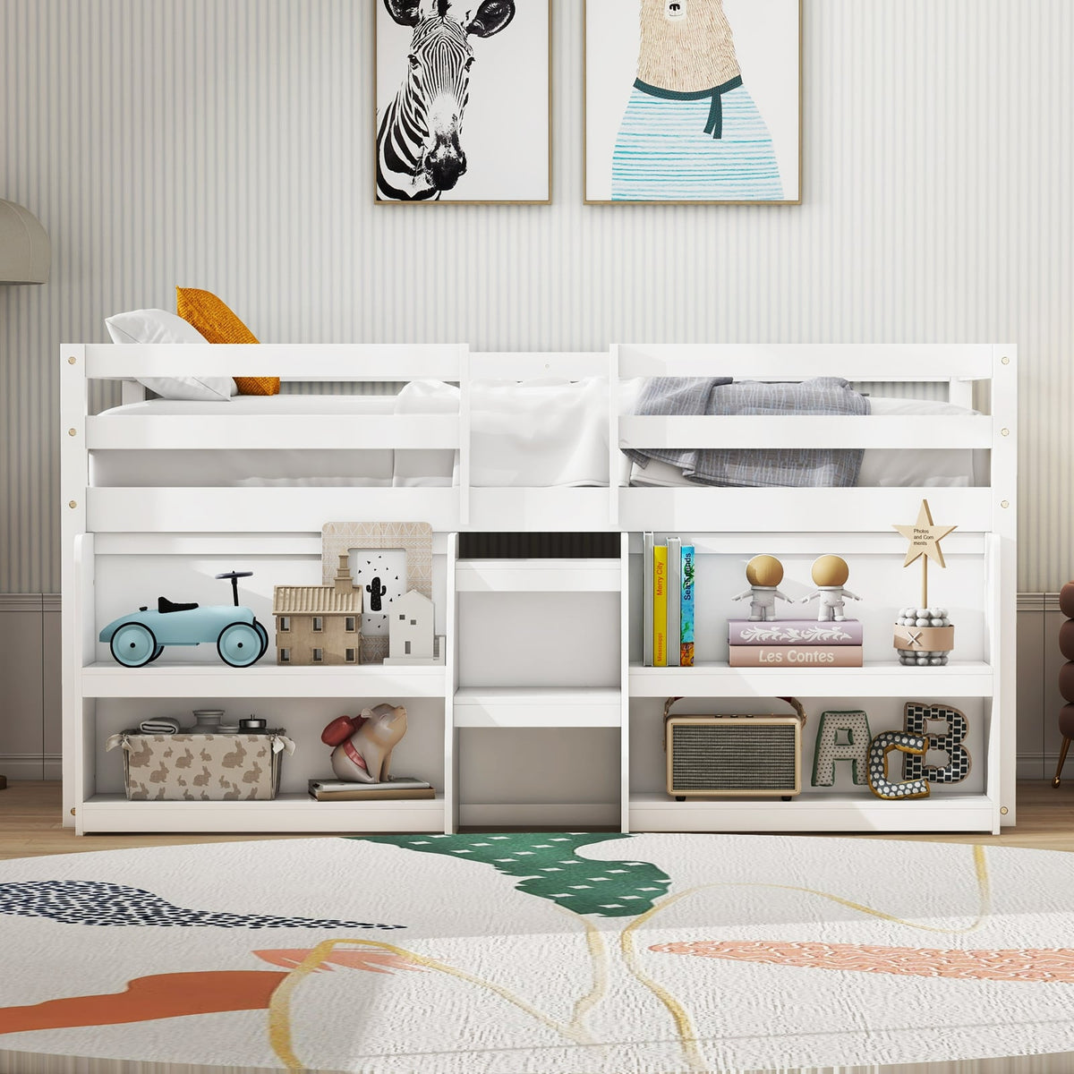 Twin Size Loft Bed with LED Lights with Staircase and Safety Guardrail-White-Toddler Beds-DECOROLALA