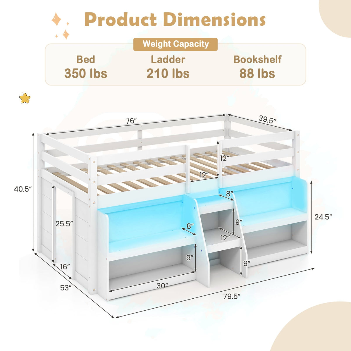 Twin Size Loft Bed with LED Lights with Staircase and Safety Guardrail-White-Toddler Beds-DECOROLALA