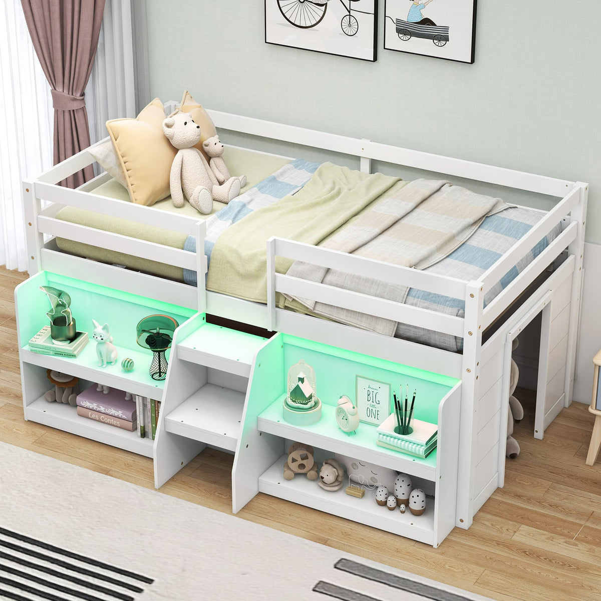 Twin Size Loft Bed with LED Lights with Staircase and Safety Guardrail-White-Toddler Beds-DECOROLALA