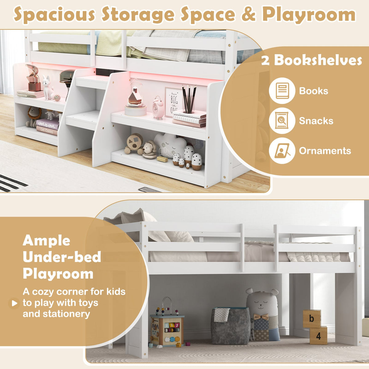 Twin Size Loft Bed with LED Lights with Staircase and Safety Guardrail-White-Toddler Beds-DECOROLALA