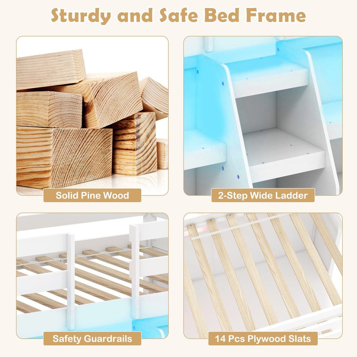 Twin Size Loft Bed with LED Lights with Staircase and Safety Guardrail-White-Toddler Beds-DECOROLALA
