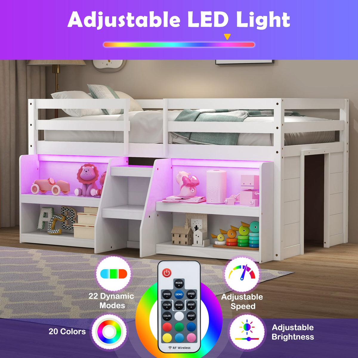 Twin Size Loft Bed with LED Lights with Staircase and Safety Guardrail-White-Toddler Beds-DECOROLALA