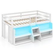 Twin Size Loft Bed with LED Lights with Staircase and Safety Guardrail-White-Toddler Beds-DECOROLALA