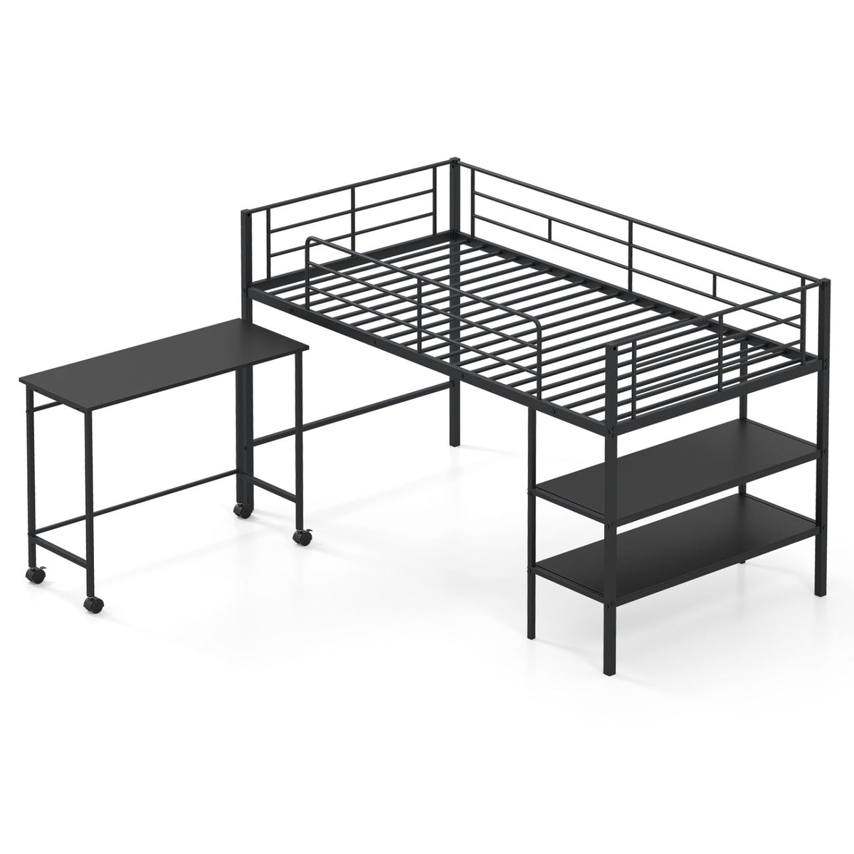 Twin Size Loft Bed with Rolling Desk and Bookshelf - Metal Frame-Bunk Bed Frame-DECOROLALA