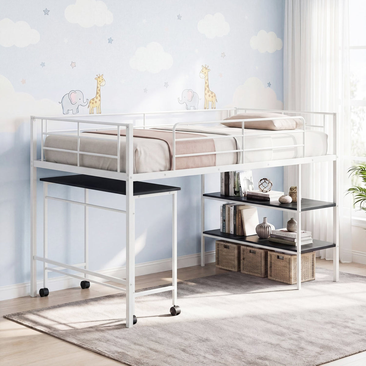 Twin Size Loft Bed with Rolling Desk and Bookshelf - Metal Frame-Bunk Bed Frame-DECOROLALA