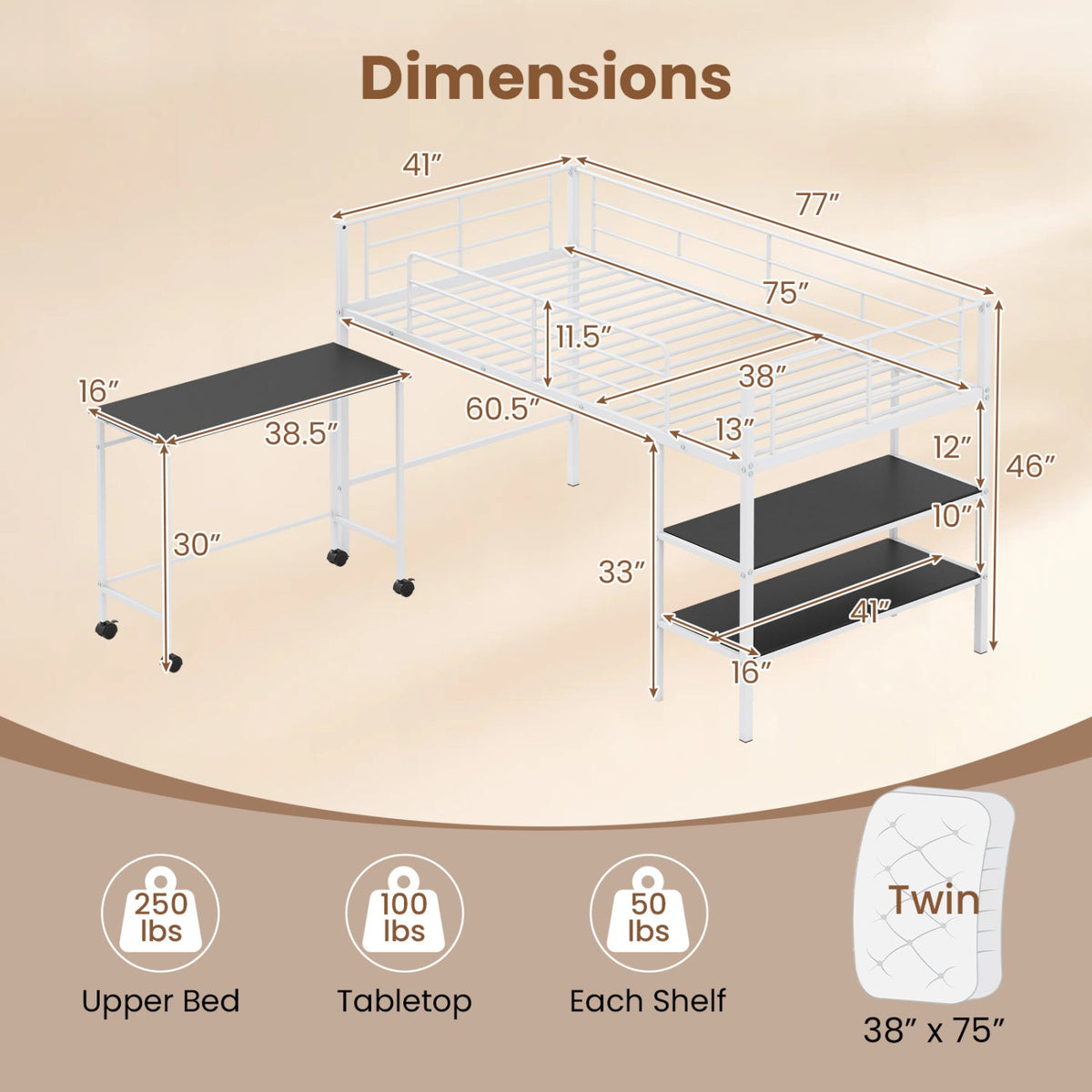 Twin Size Loft Bed with Rolling Desk and Bookshelf Platform Bed Frame-Bunk Bed Frame-DECOROLALA