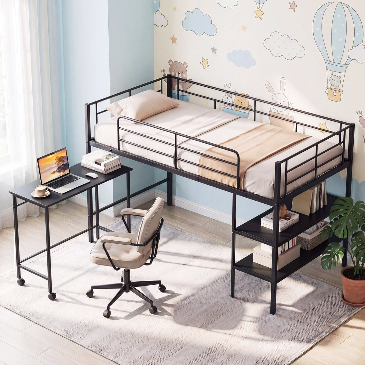 Twin Size Loft Bed with Rolling Desk and Bookshelf Platform Bed Frame-Bunk Bed Frame-DECOROLALA