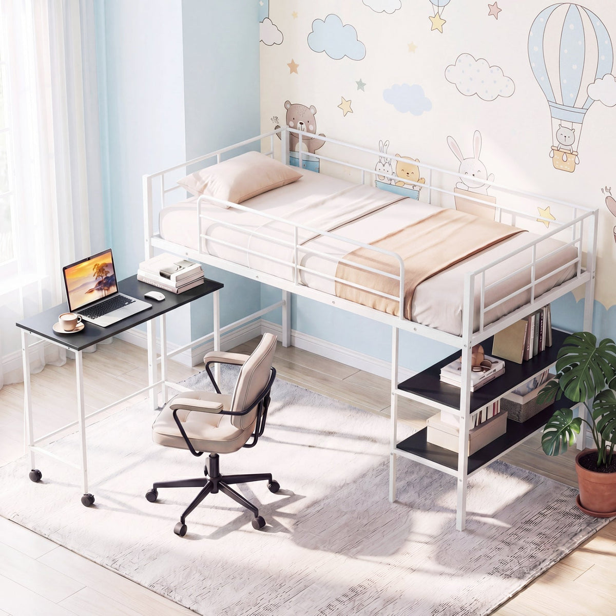 Twin Size Loft Bed with Rolling Desk and Bookshelf Platform Bed Frame-Bunk Bed Frame-DECOROLALA