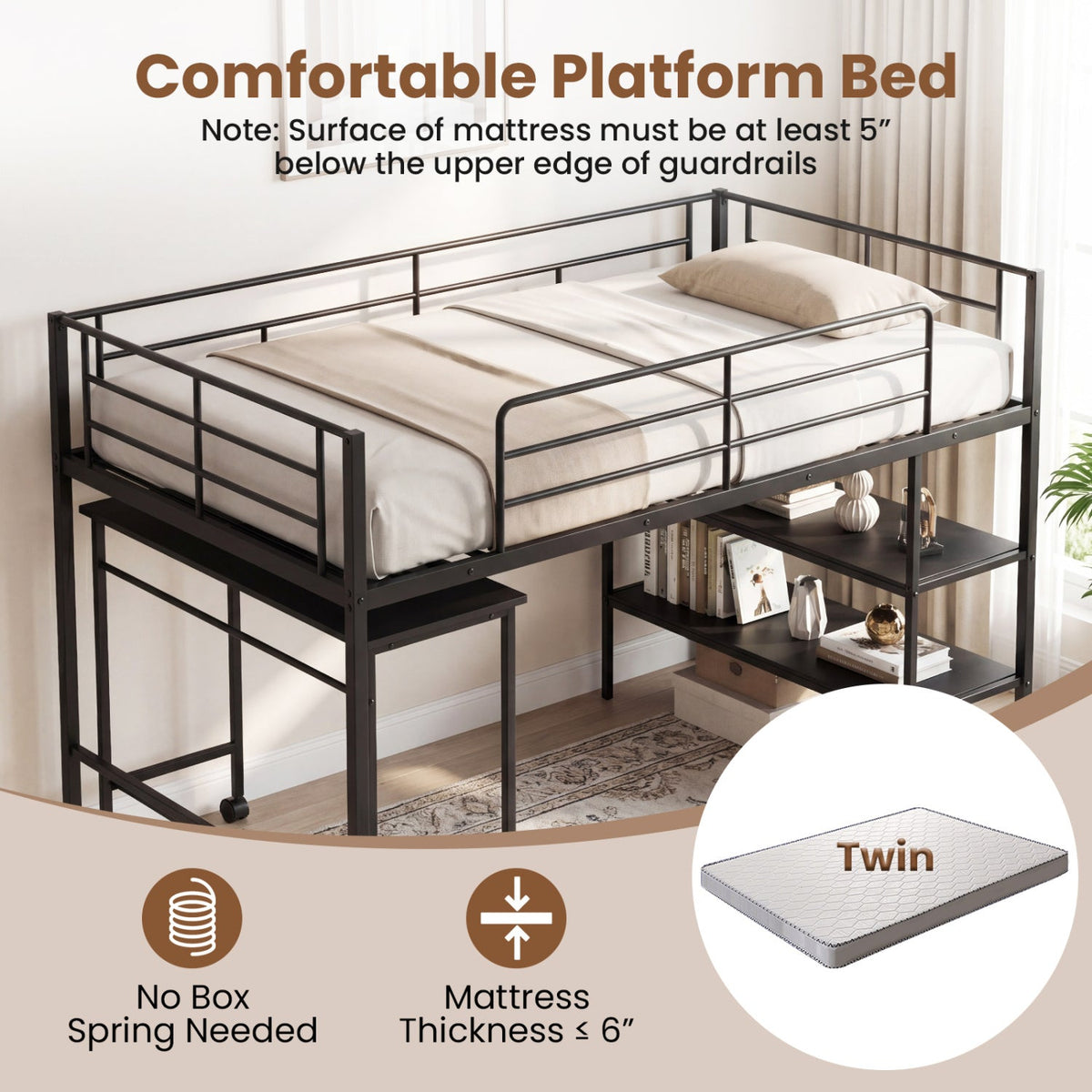 Twin Size Loft Bed with Rolling Desk and Bookshelf Platform Bed Frame-Bunk Bed Frame-DECOROLALA
