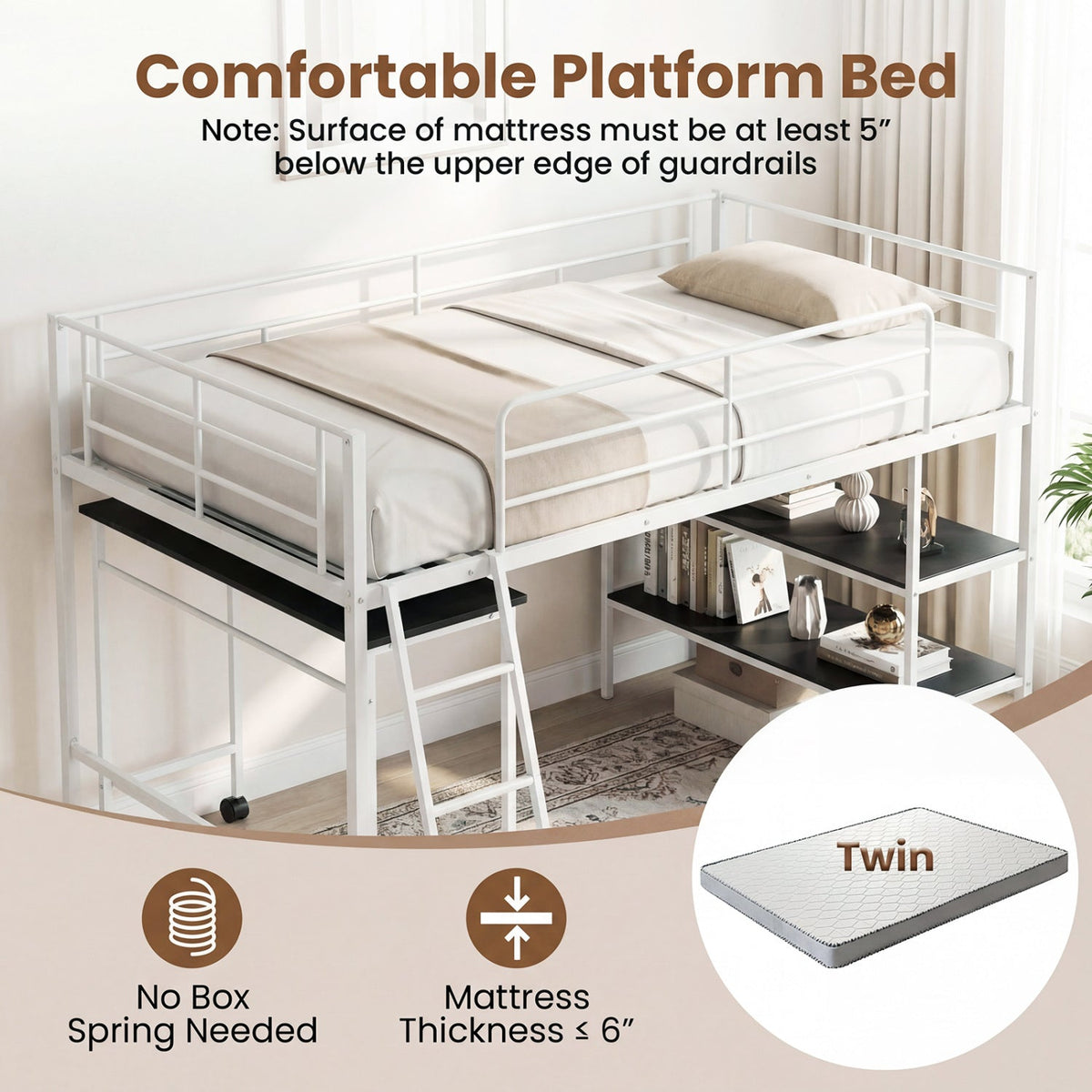 Twin Size Loft Bed with Rolling Desk and Bookshelf Platform Bed Frame-Bunk Bed Frame-DECOROLALA