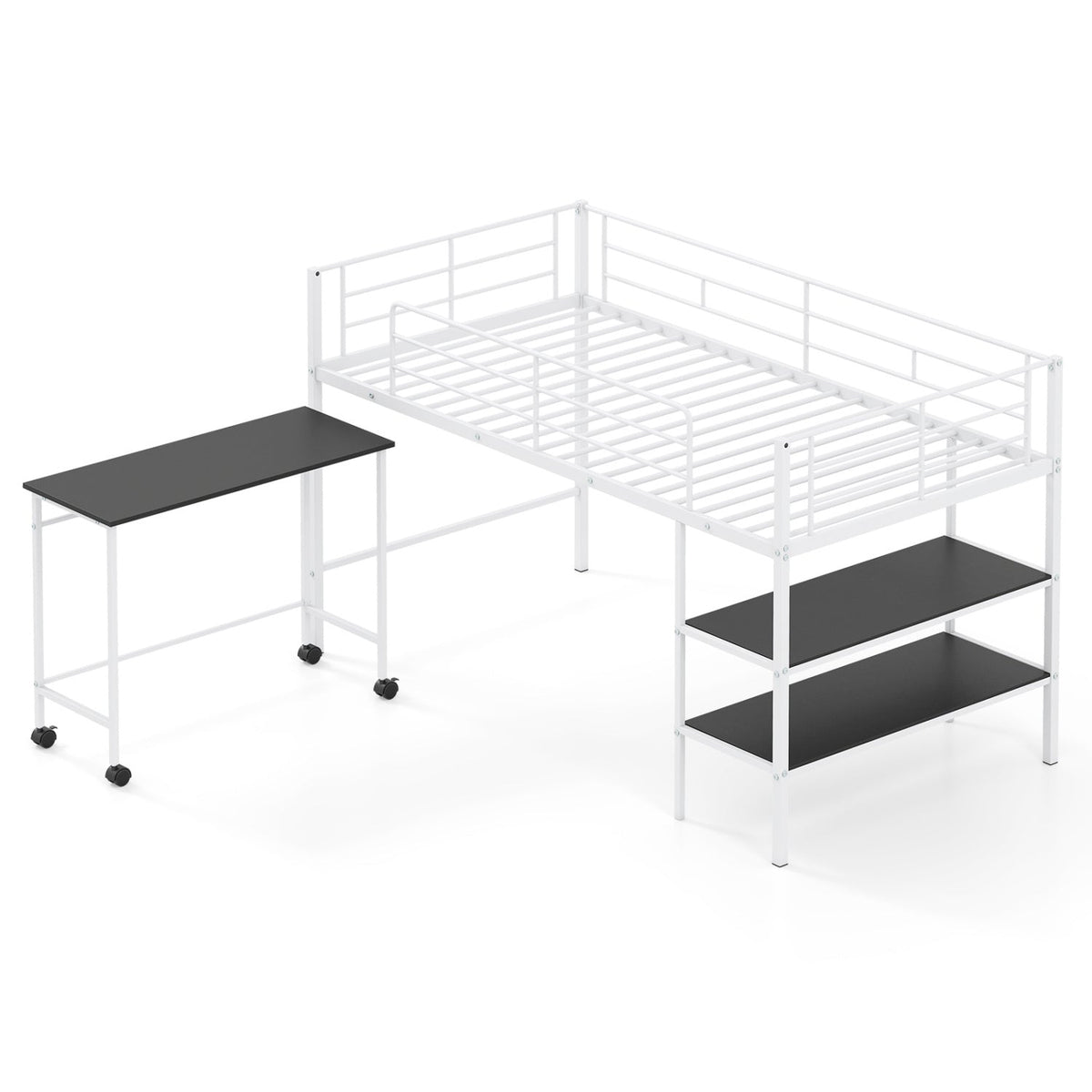 Twin Size Loft Bed with Rolling Desk and Bookshelf Platform Bed Frame-Bunk Bed Frame-DECOROLALA