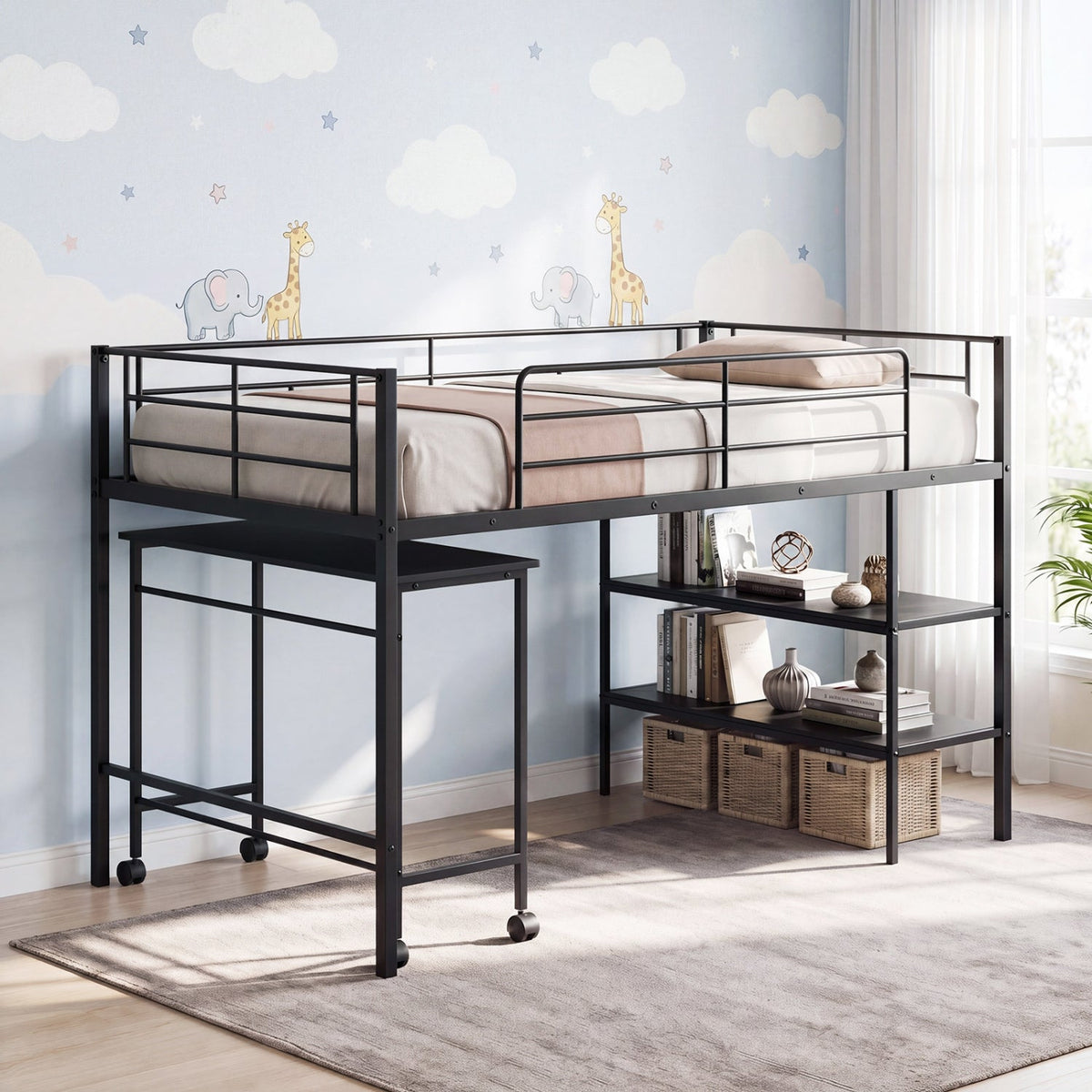 Twin Size Loft Bed with Rolling Desk and Bookshelf Platform Bed Frame-Bunk Bed Frame-DECOROLALA