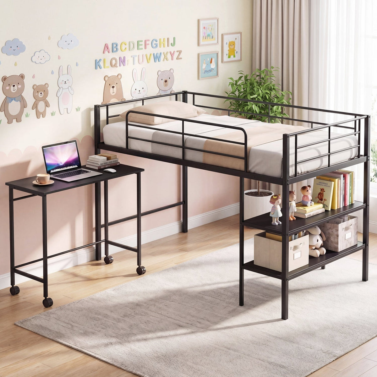 Twin Size Loft Bed with Rolling Desk and Bookshelf Platform Bed Frame-Bunk Bed Frame-DECOROLALA
