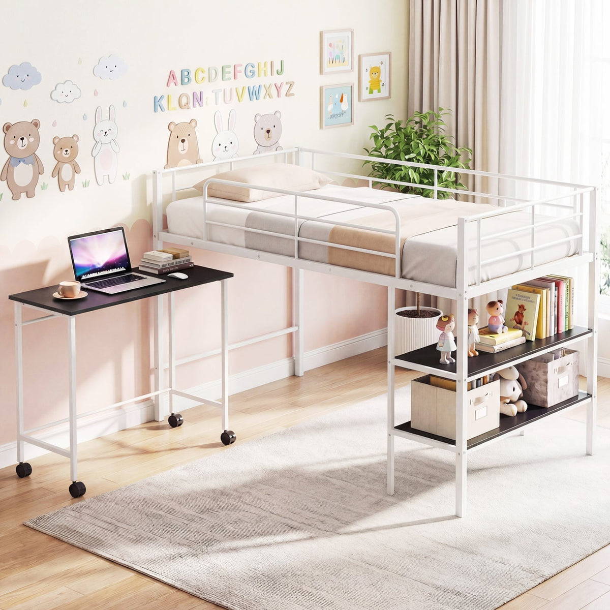 Twin Size Loft Bed with Rolling Desk and Bookshelf Platform Bed Frame-Bunk Bed Frame-DECOROLALA