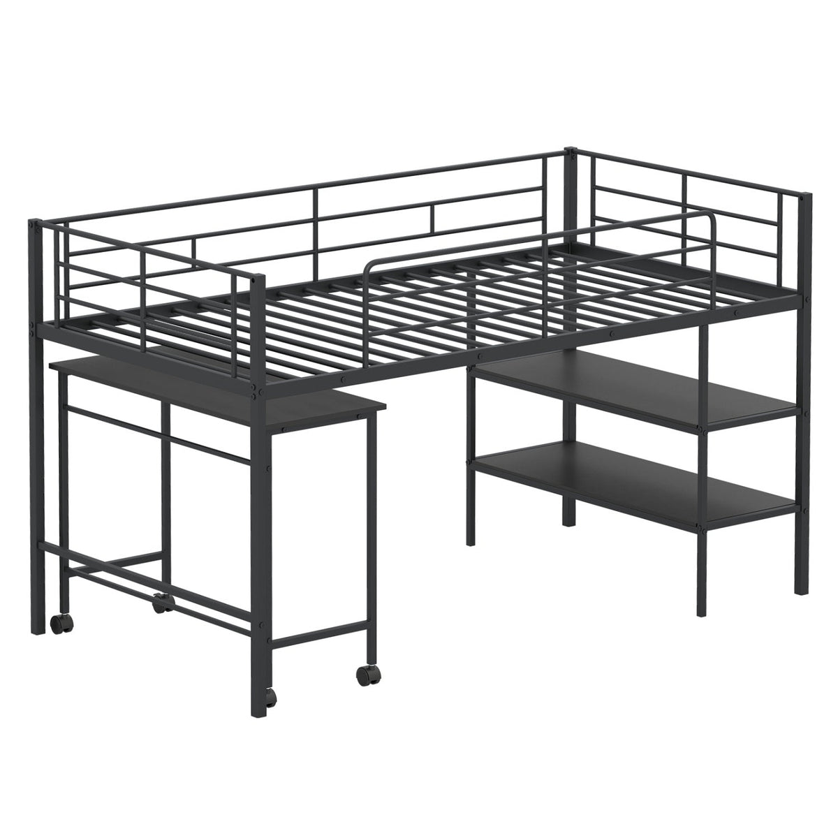 Twin Size Loft Bed with Rolling Desk and Bookshelf Platform Bed Frame-Bunk Bed Frame-DECOROLALA