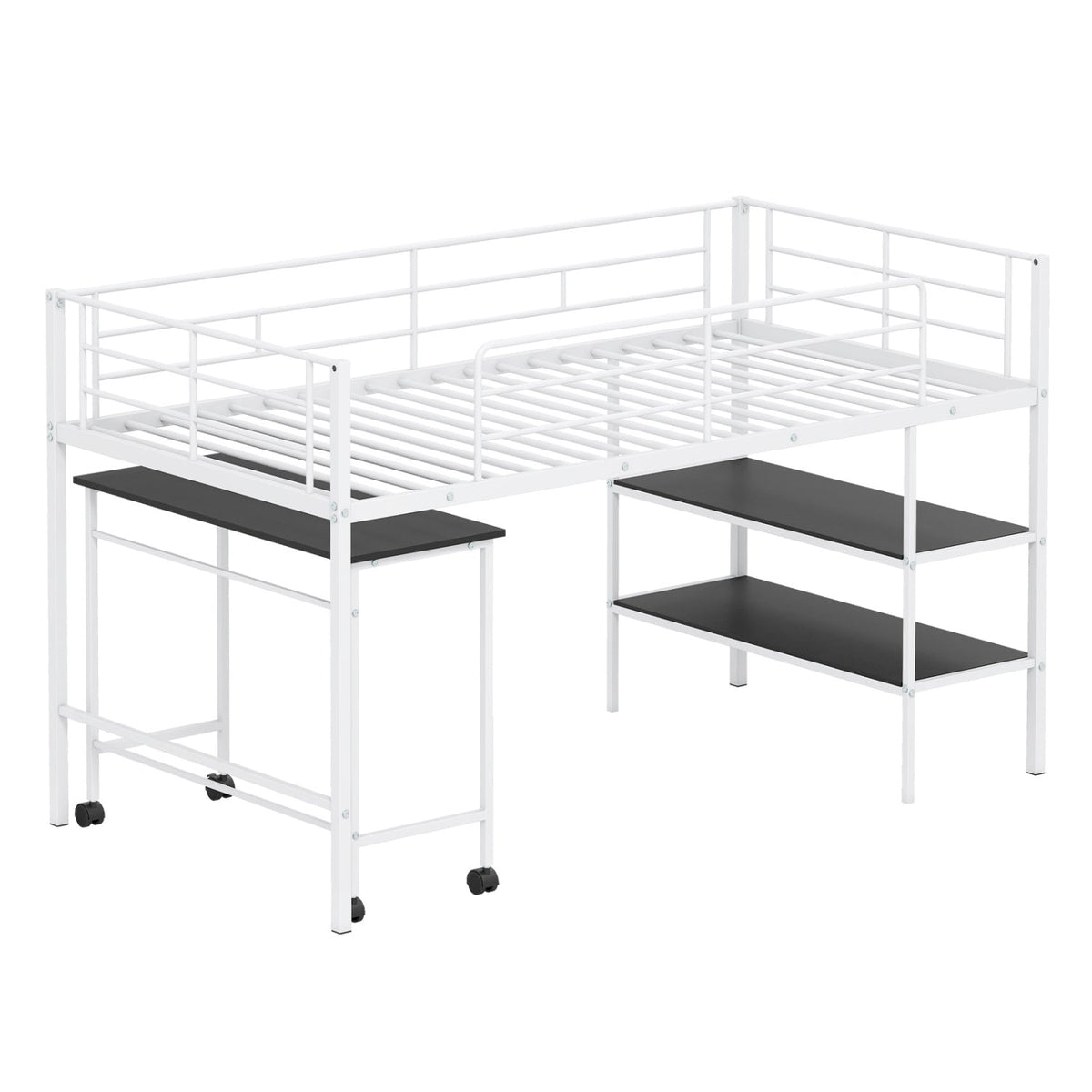 Twin Size Loft Bed with Rolling Desk and Bookshelf Platform Bed Frame-Bunk Bed Frame-DECOROLALA