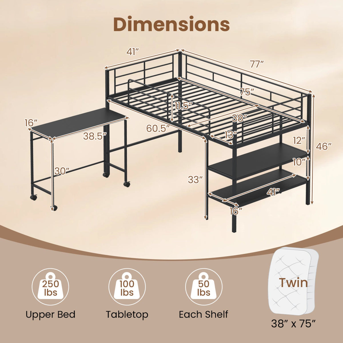 Twin Size Loft Bed with Rolling Desk and Bookshelf Platform Bed Frame-Bunk Bed Frame-DECOROLALA