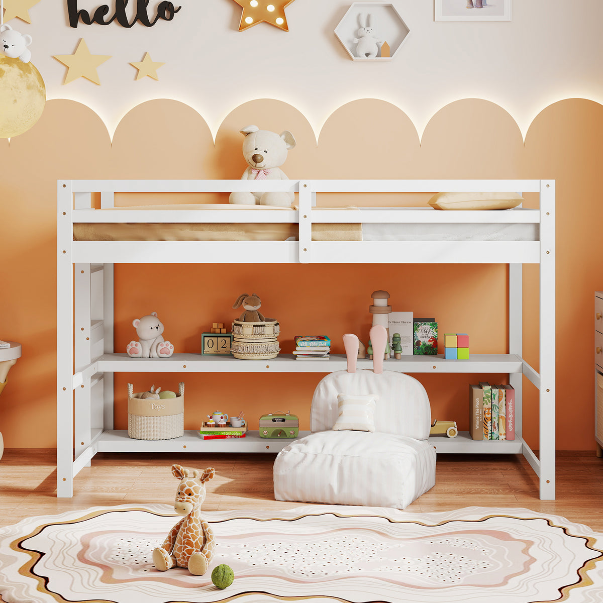 Twin Size Loft Bed with Storage Shelves Full-length Guardrails and Ladder-White-Bunk Bed Frame-DECOROLALA
