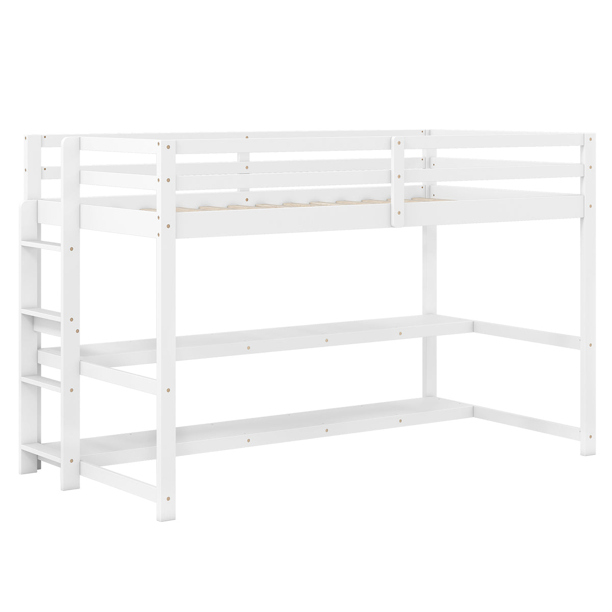 Twin Size Loft Bed with Storage Shelves Full-length Guardrails and Ladder-White-Bunk Bed Frame-DECOROLALA