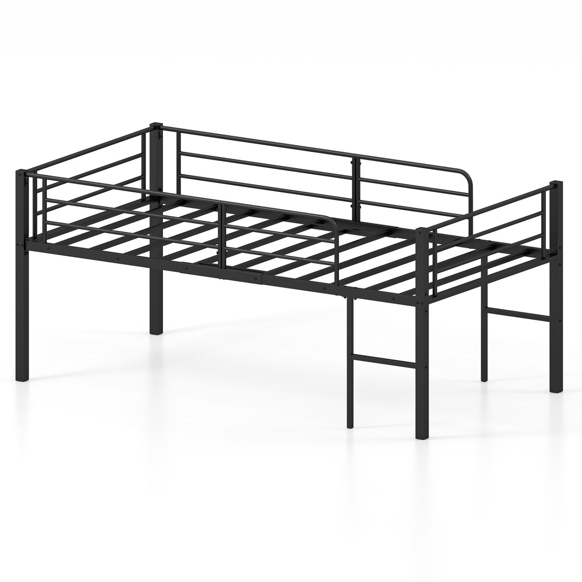 Twin Size Low Loft Bed - Metal Frame with Guardrails, Black-Bunk Bed Frame-DECOROLALA