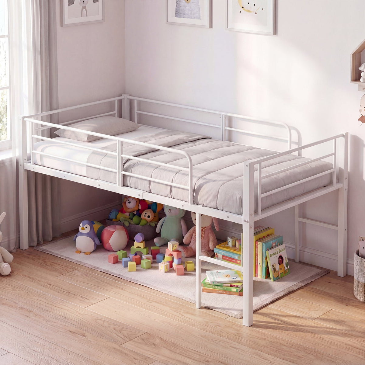 Twin Size Low Loft Bed - Metal Frame with Guardrails, Black-Bunk Bed Frame-DECOROLALA